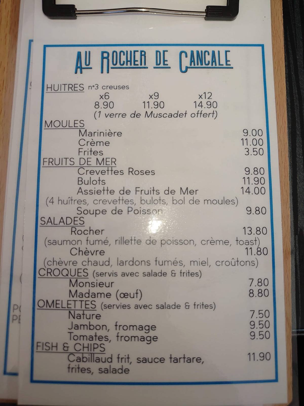 Menu au Au Rocher de Cancale pub et bar, Cancale