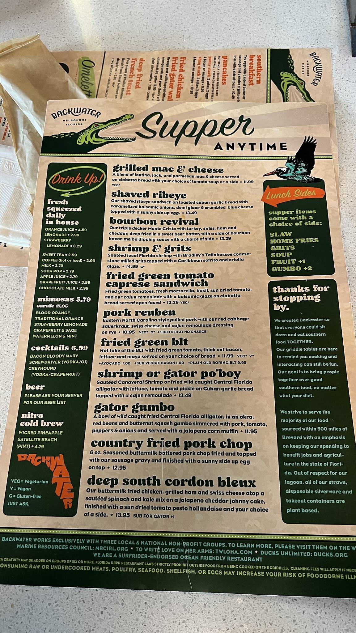 Menu at Backwater Wickham Road cafe, Melbourne