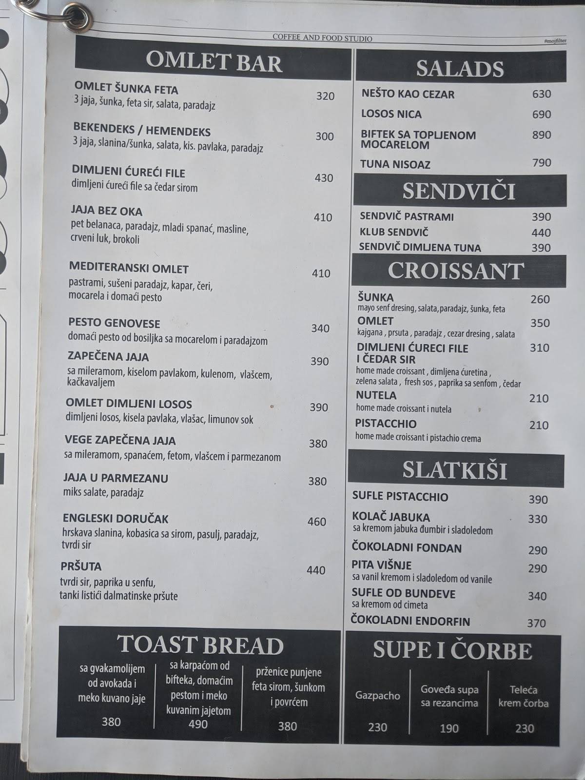 Menu at Filter restaurant, Belgrade