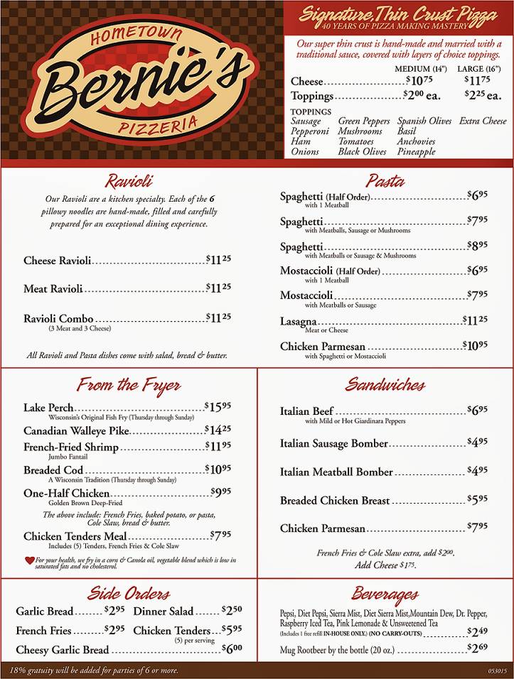 Menu at Bernie's Pizzeria, Racine