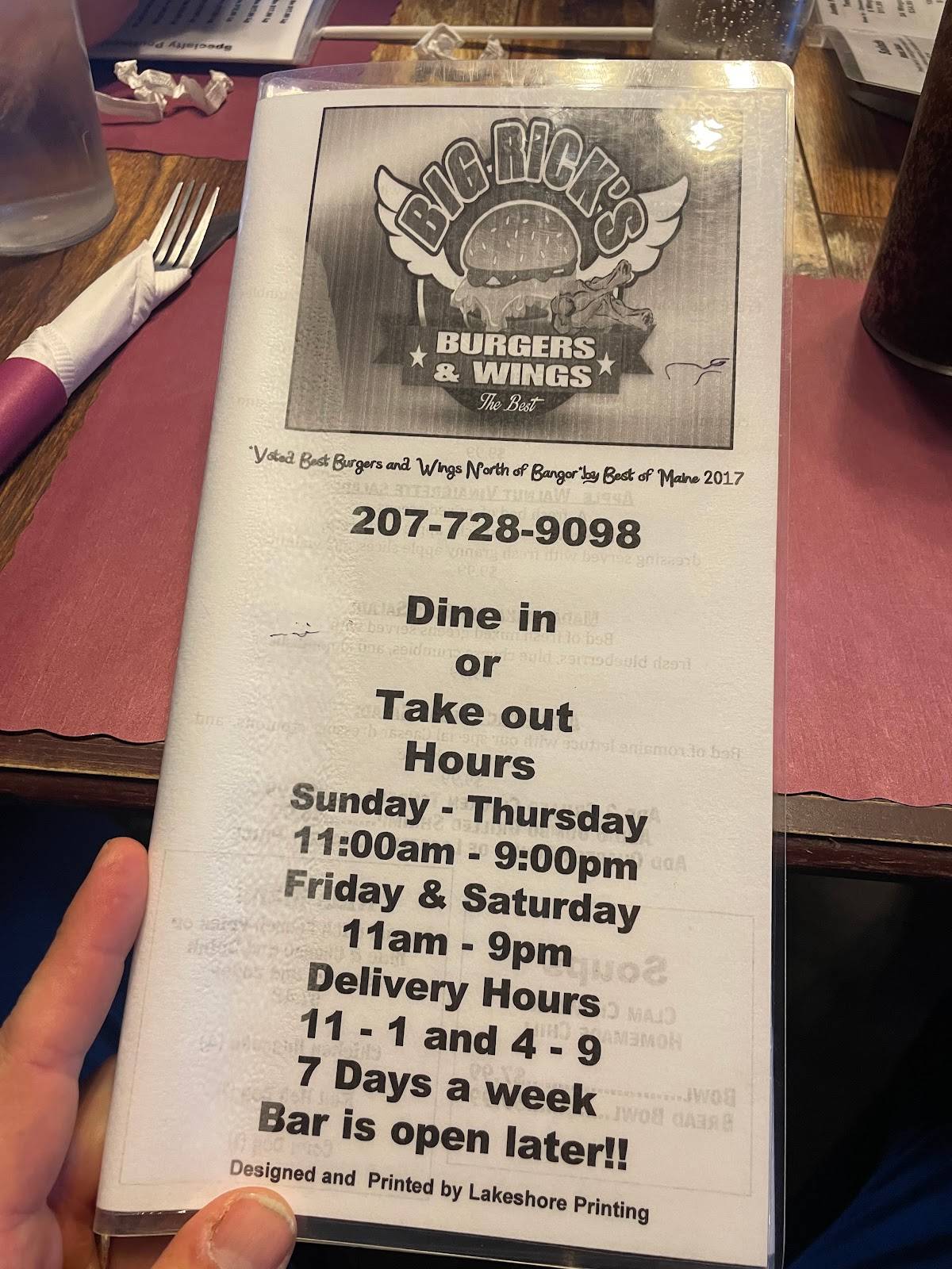 Menu at Big Ricks Burgers & Wings pub & bar, Madawaska