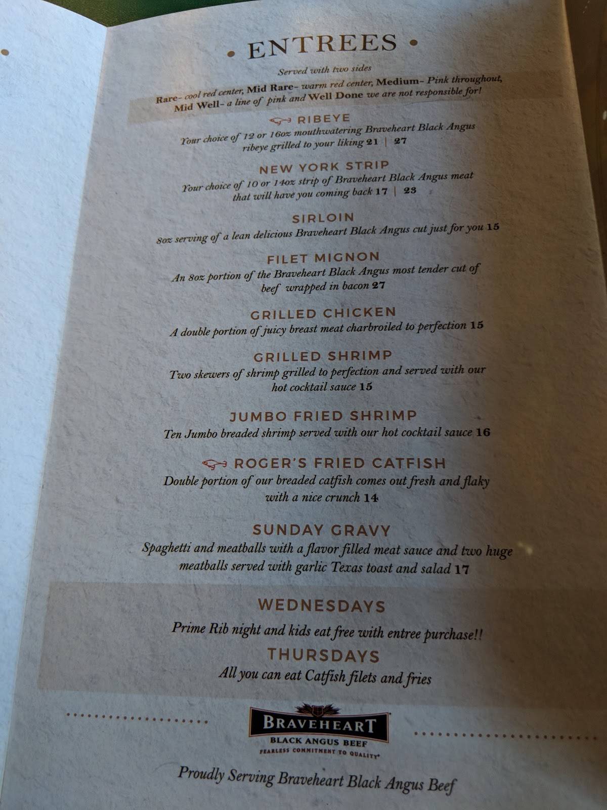 Menu at Big Willys Lakehouse steakhouse, Staunton