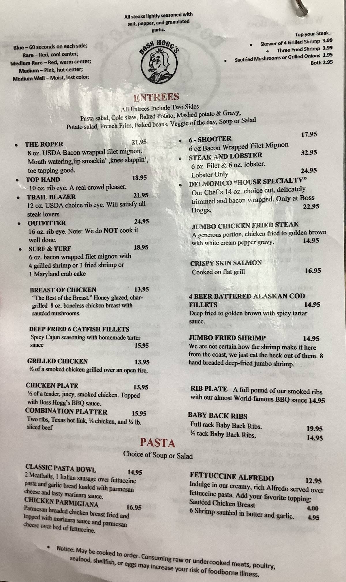 Menu At Boss Hogg's Saloon & Restaurant, La Junta