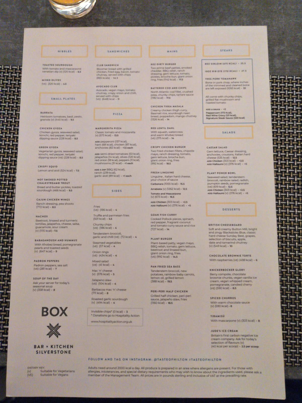 Menu at Box Bar Kitchen, Silverstone