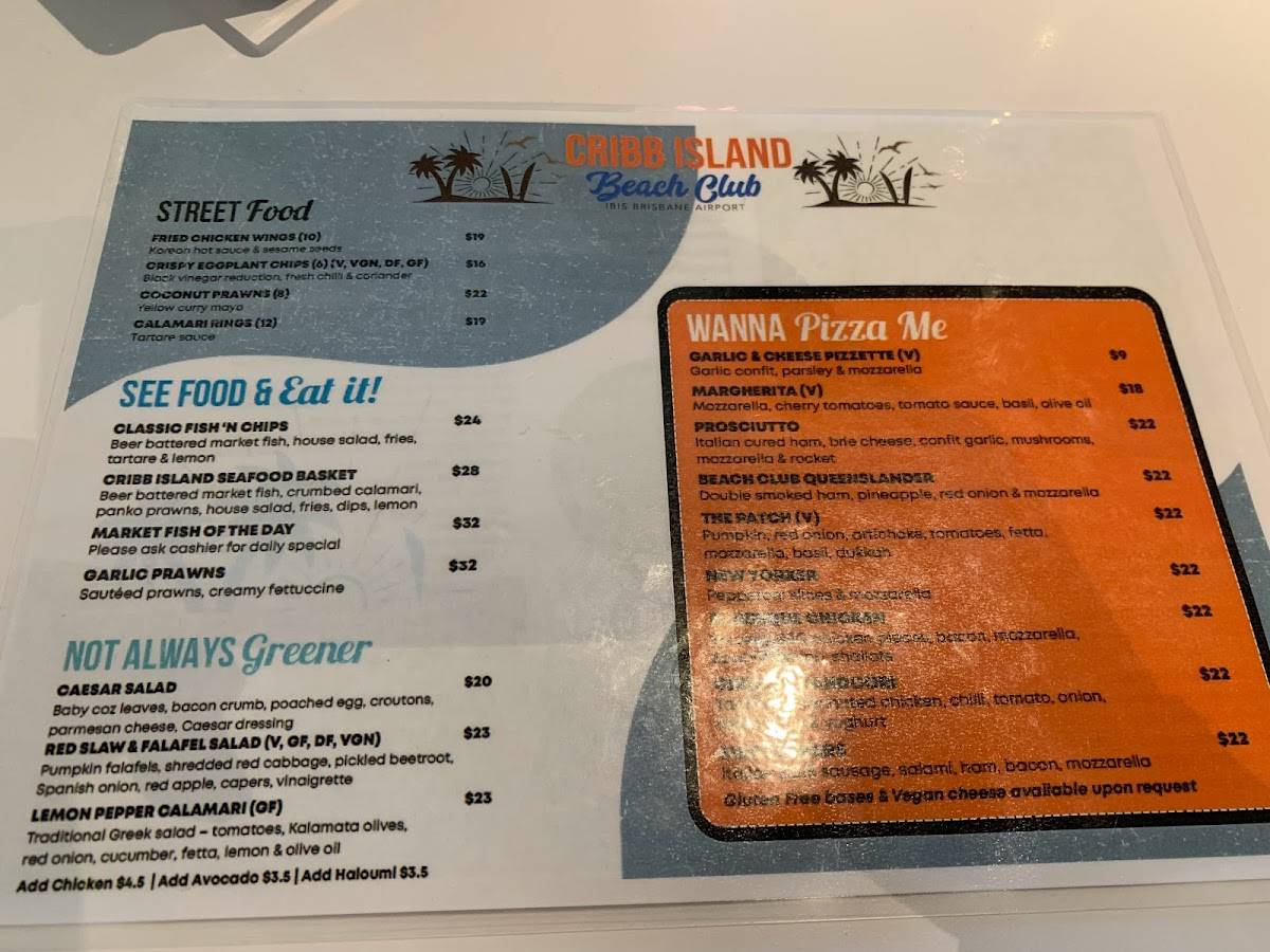 Menu at Cribb Island Beach Club, Brisbane Airport
