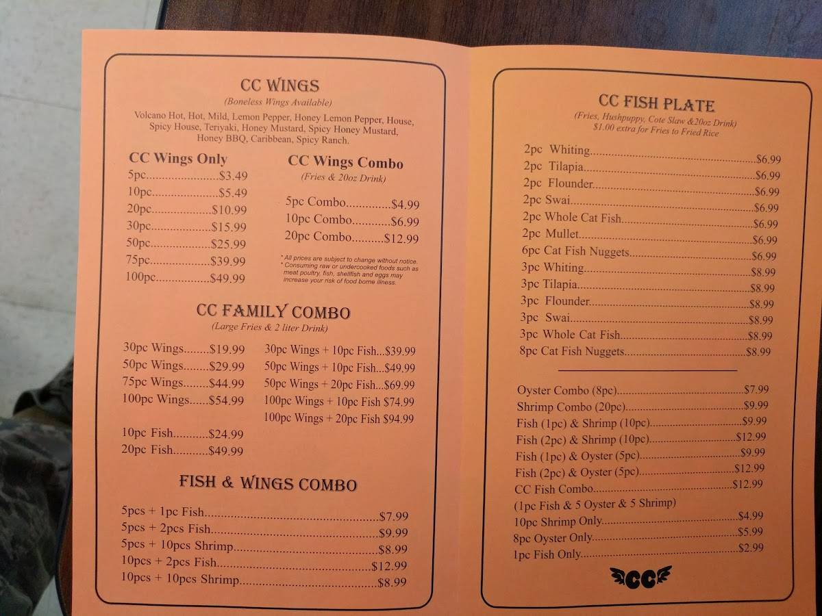 Menu at CC's Seafood restaurant, Warner Robins