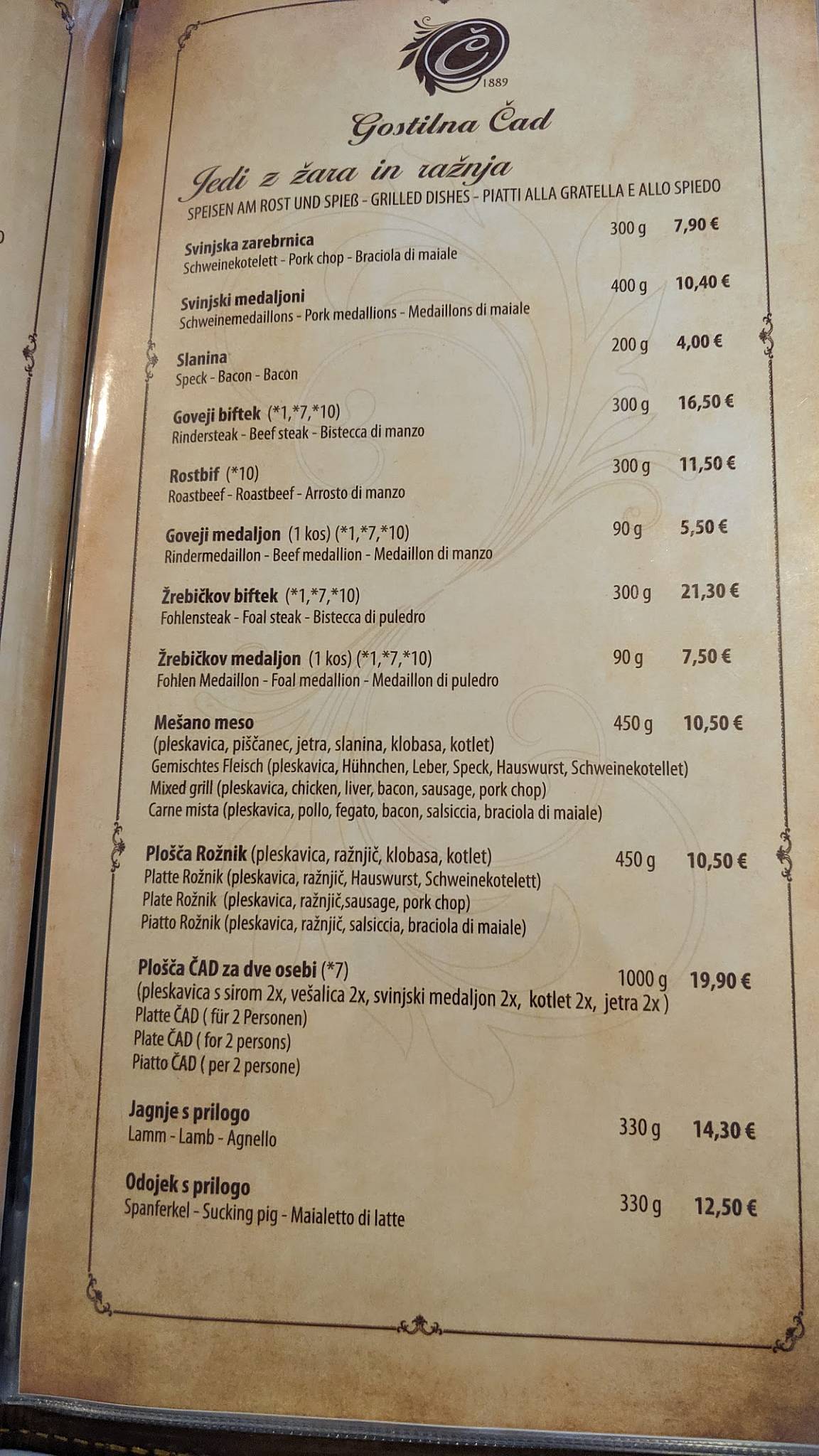 Menu at Čad restaurant, Ljubljana