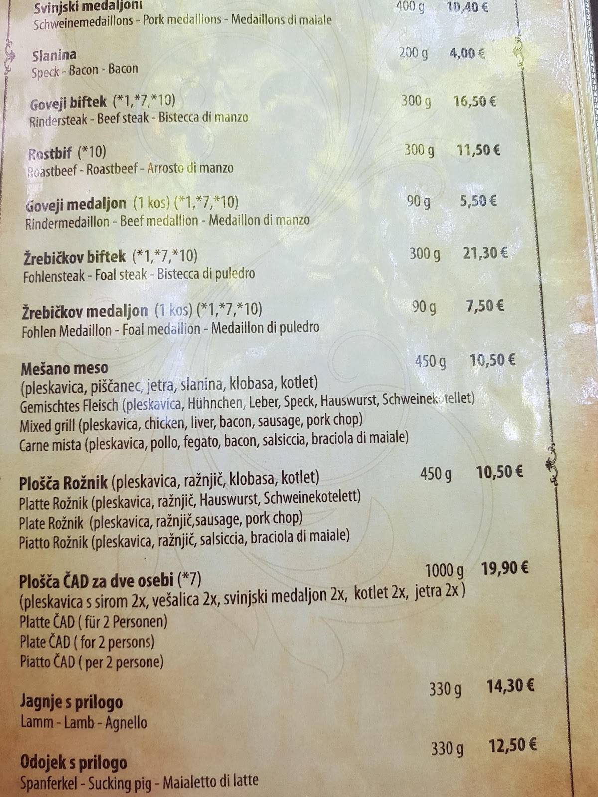 Menu at Čad restaurant, Ljubljana