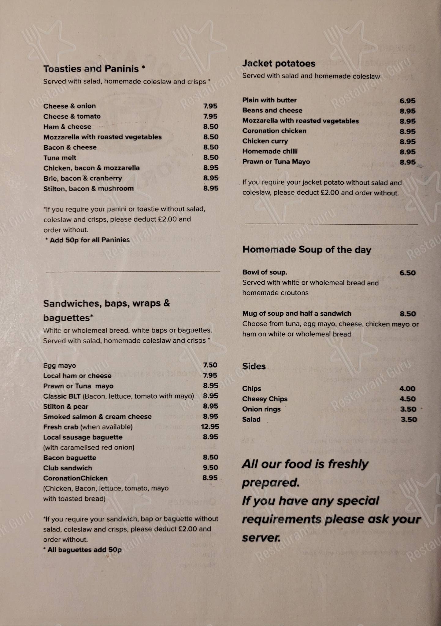 Menu at Horatio's cafe, Holt