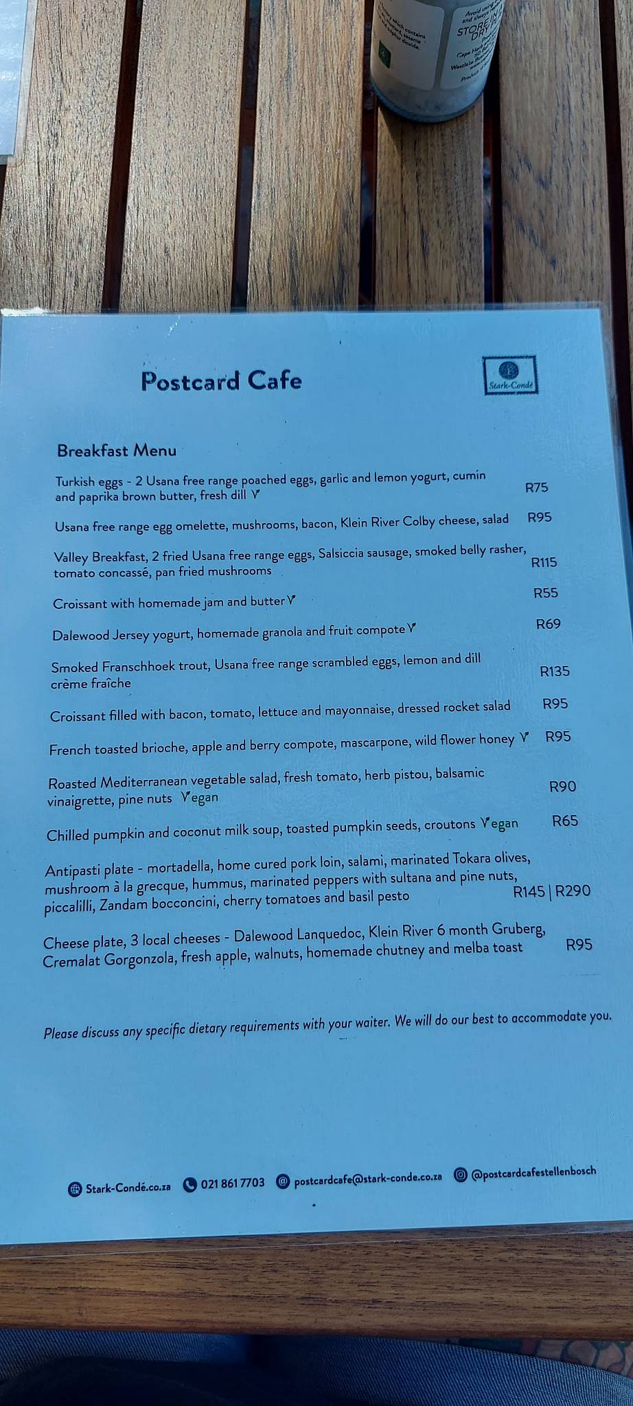 Menu at Postcard Café at StarkCondé Wines cafe, Stellenbosch