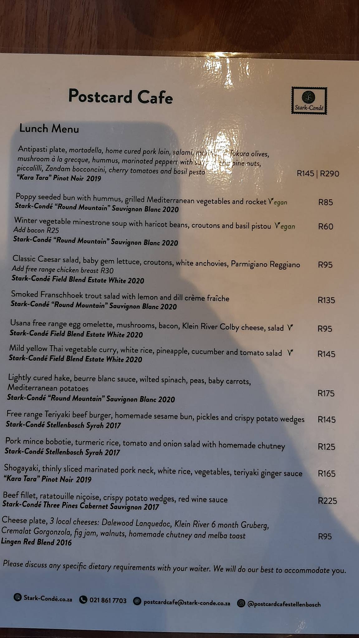 Menu at Postcard Café at Stark-Condé Wines cafe, Stellenbosch