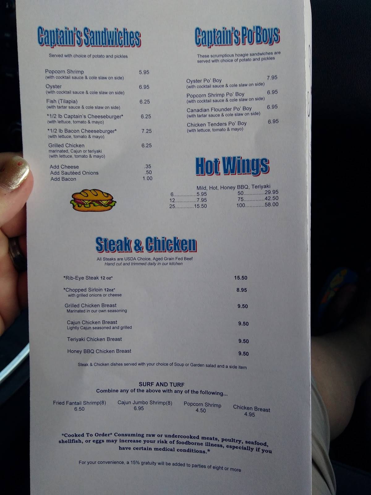 Menu at Captain's Galley Seafood restaurant, Statesville