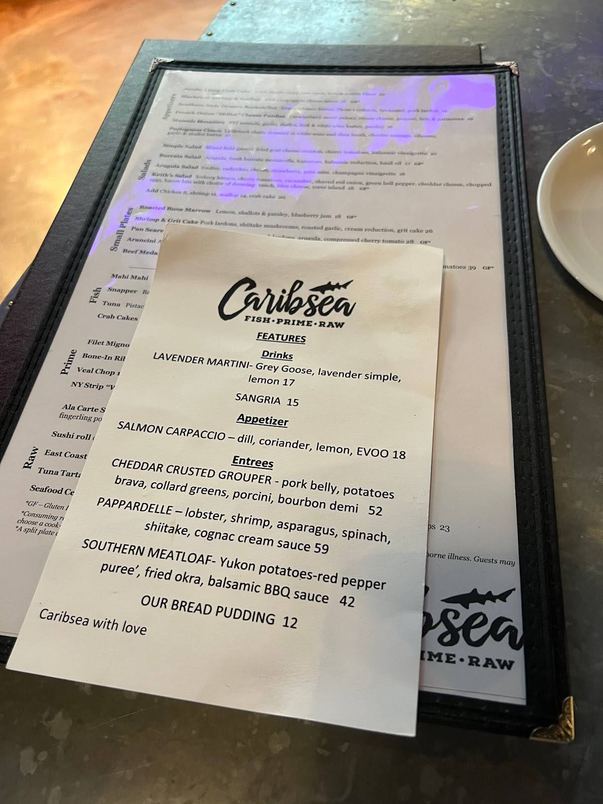 Menu at Caribsea restaurant, Emerald Isle