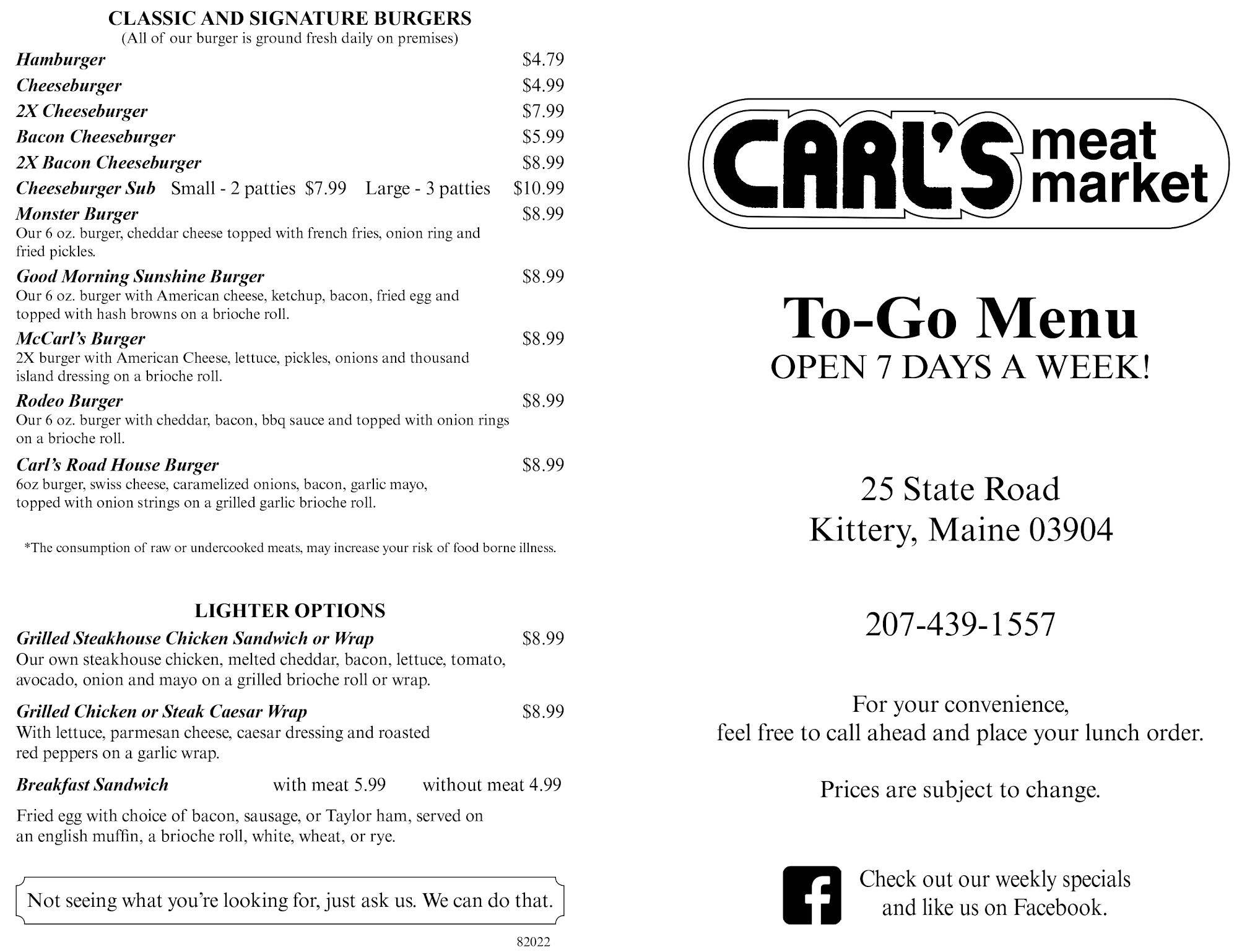 Menu at Carl's Meat Market restaurant, Kittery