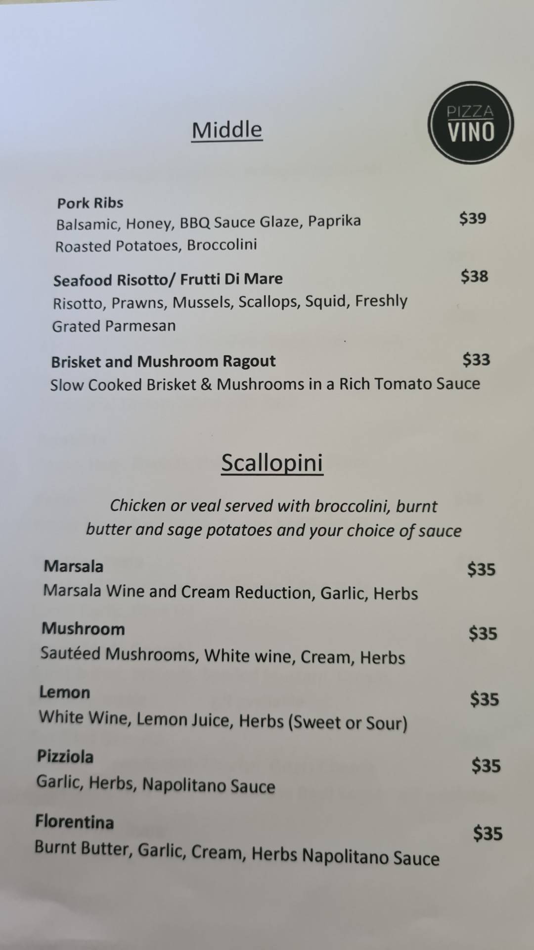 Menu at Pizza Vino restaurant, Coffs Harbour