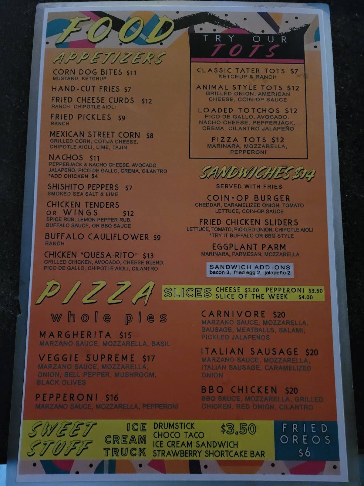 Menu at Coin Op Game Room pub bar San Diego 789 Sixth Ave