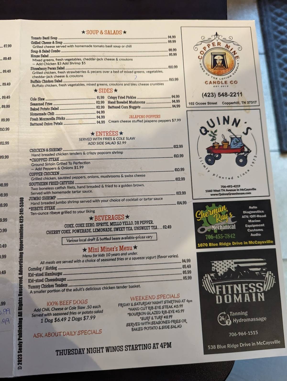Menu at The Copper Grill restaurant, Copperhill