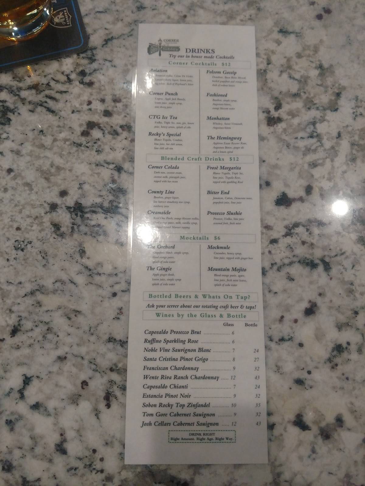 Menu at Corner Tavern & Grill pub & bar, Folsom, 700 Glenn Dr