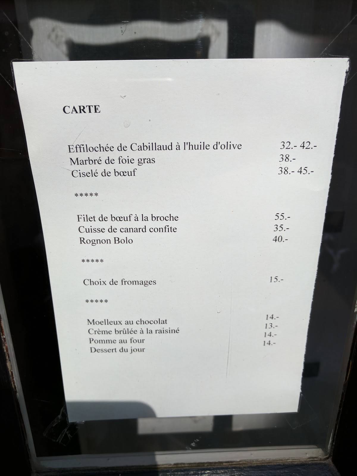 Menu da Restaurant Fleur de Sel, Distretto di Cossonay