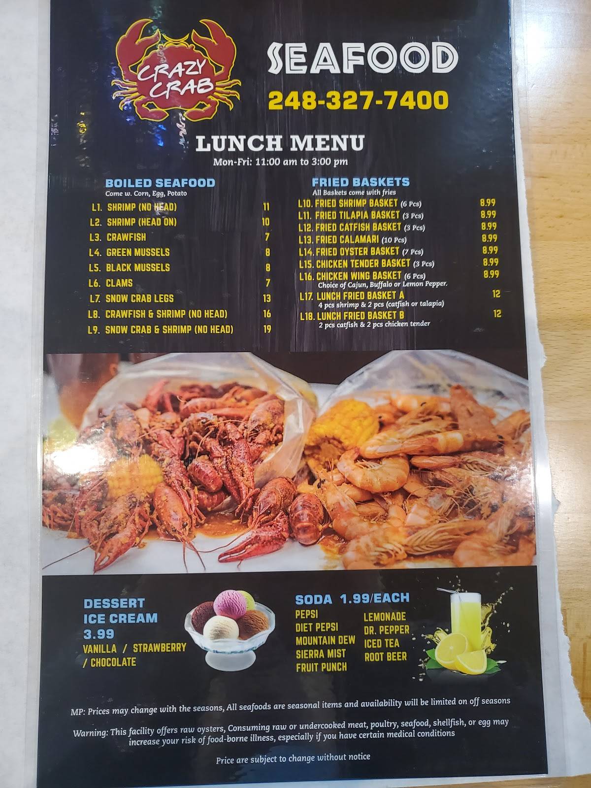 Menu at Crazy Crab restaurant, Southfield