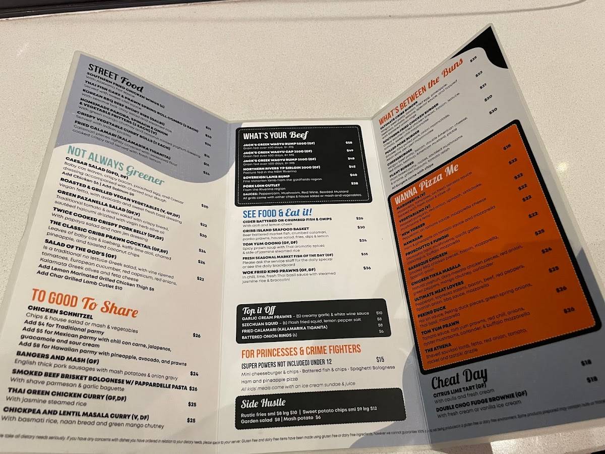 Menu at Cribb Island Beach Club, Brisbane Airport
