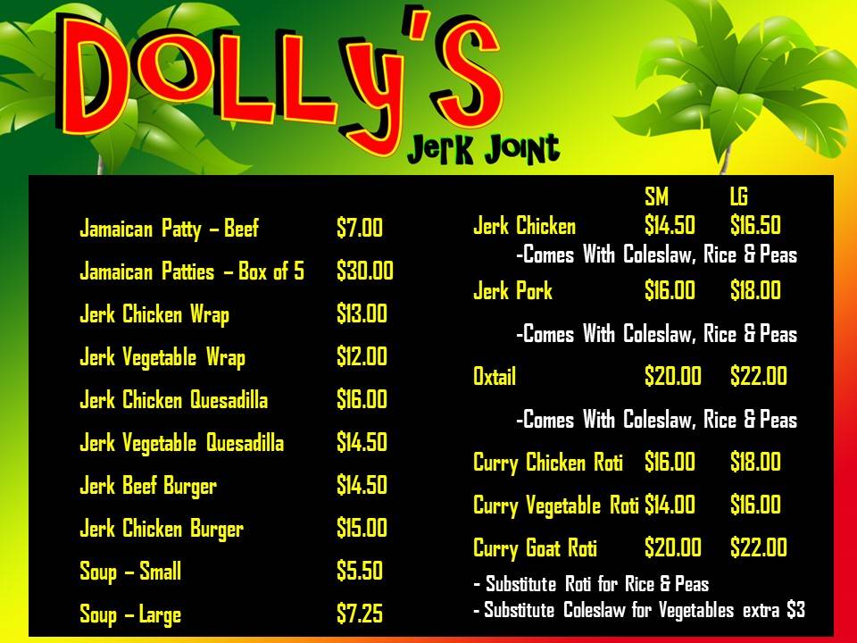 Menu at Dolly's Jerk Joint restaurant, Sarnia, 539 Christina St N