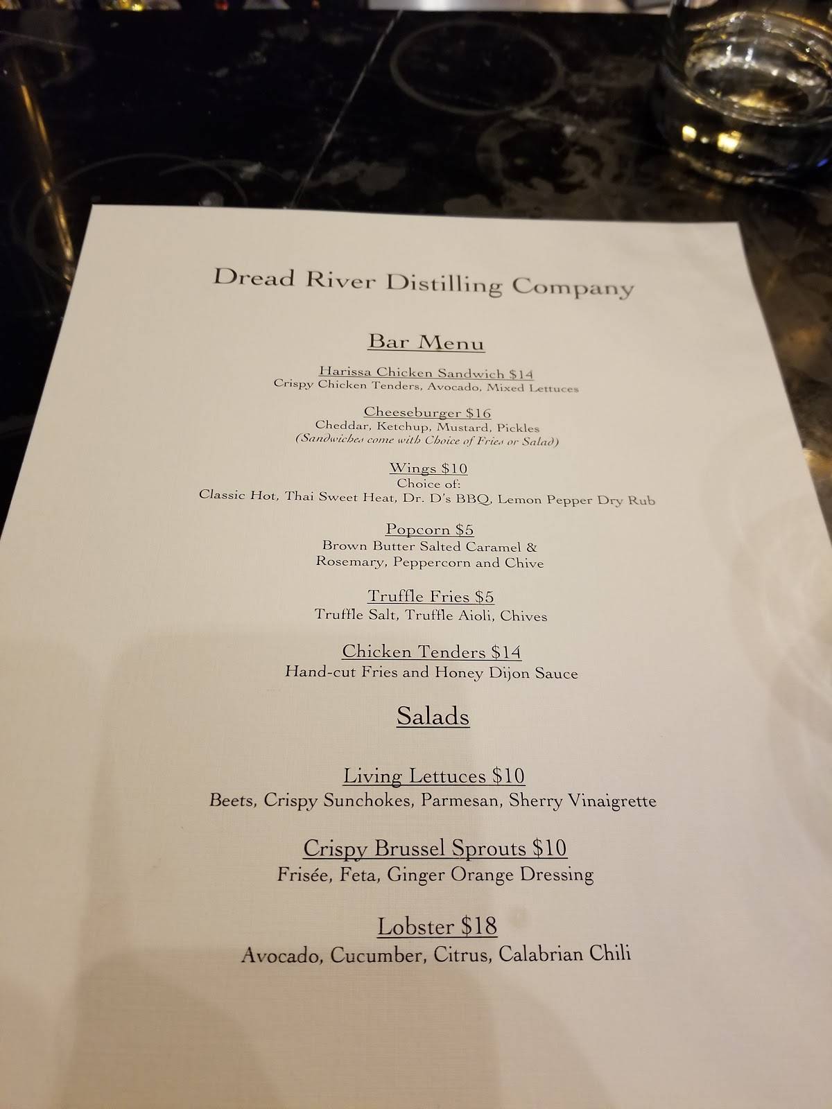 Menu At Dread River Distilling Company Pub & Bar, Birmingham