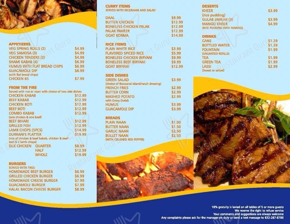 Durrani's Tandoor n Grill menu