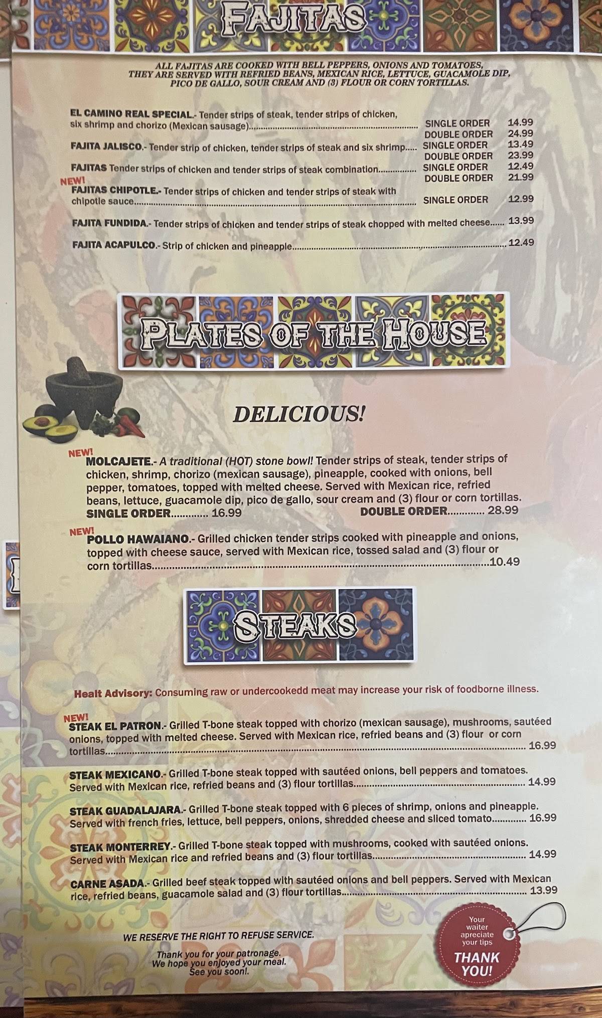 Menu at El Camino Real restaurant, Decatur, Winchester Rd