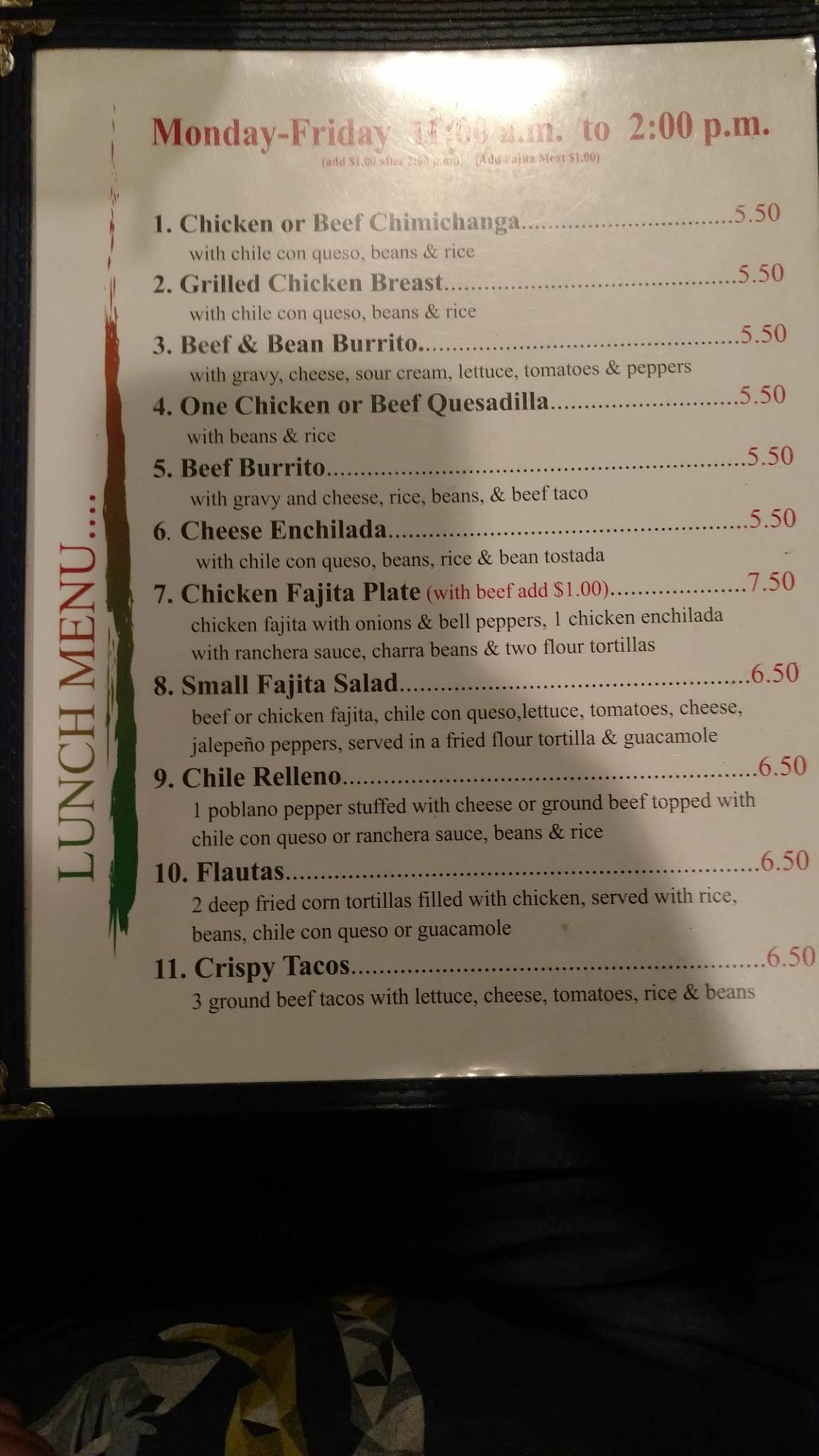 Menu at El Mante restaurant, Onalaska, U.S. Hwy 190