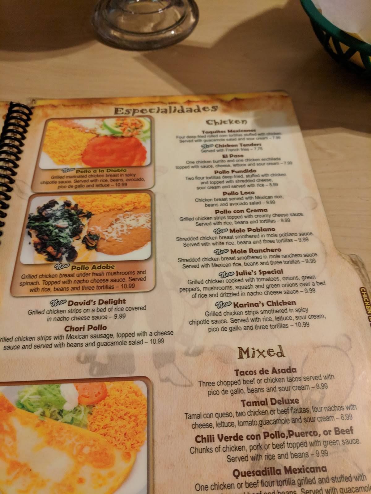 Menu at El Mexicano restaurant, Clover