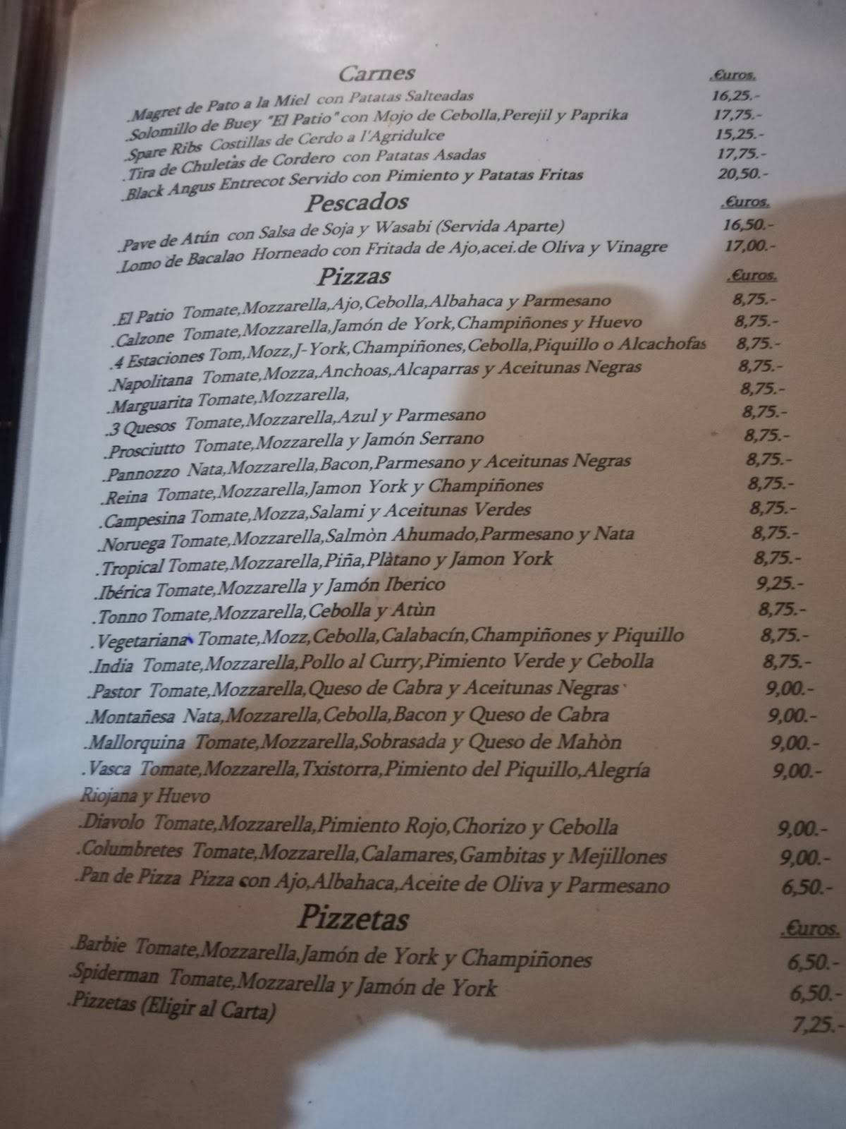 Carta del restaurante El Patio, Alcocéber