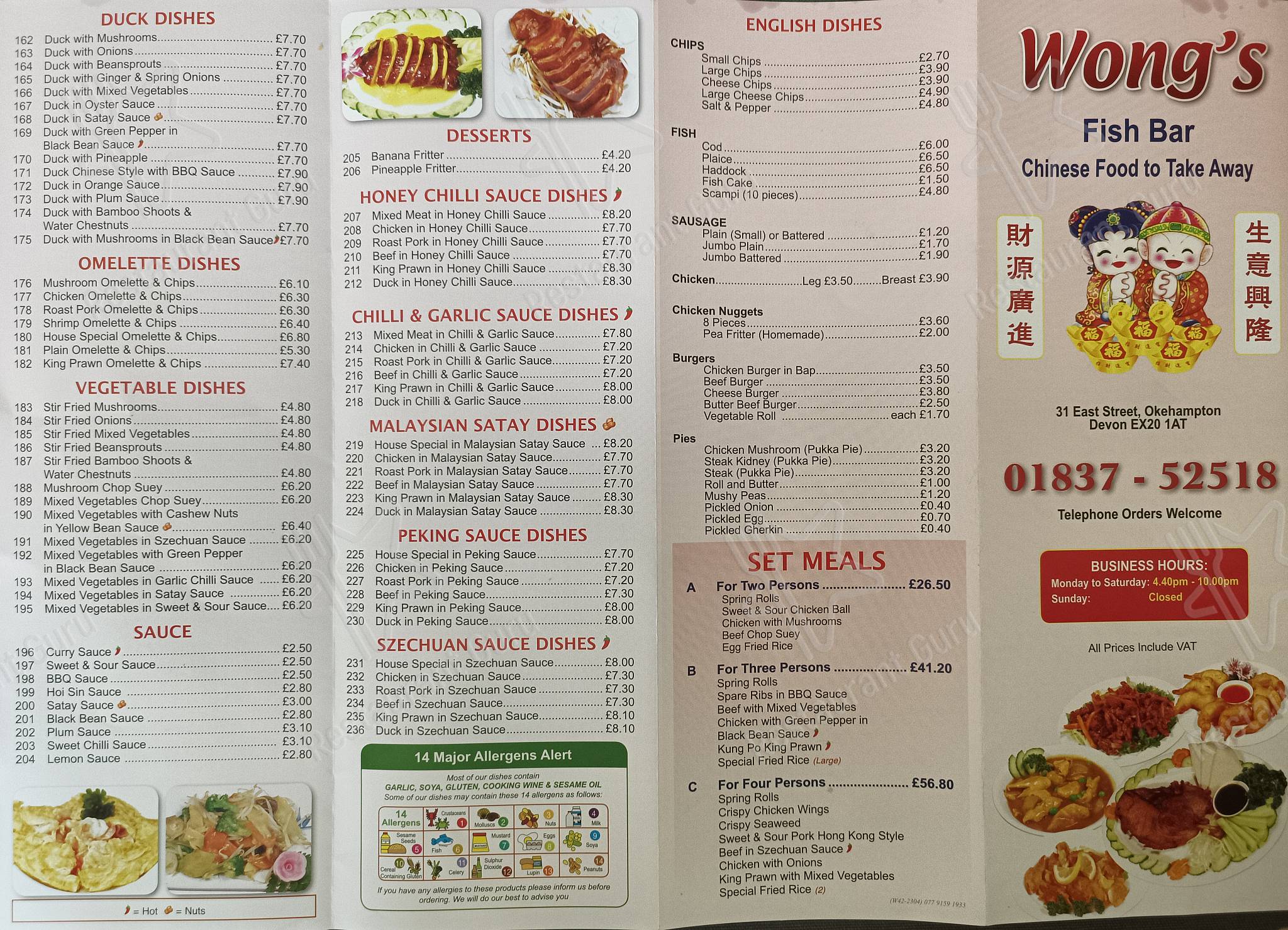 Menu at Wongs Fish Bar, Okehampton