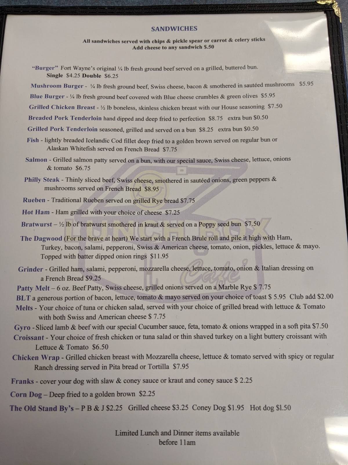 Menu at Lunch Box Cafe, Fort Wayne, Coldwater Rd