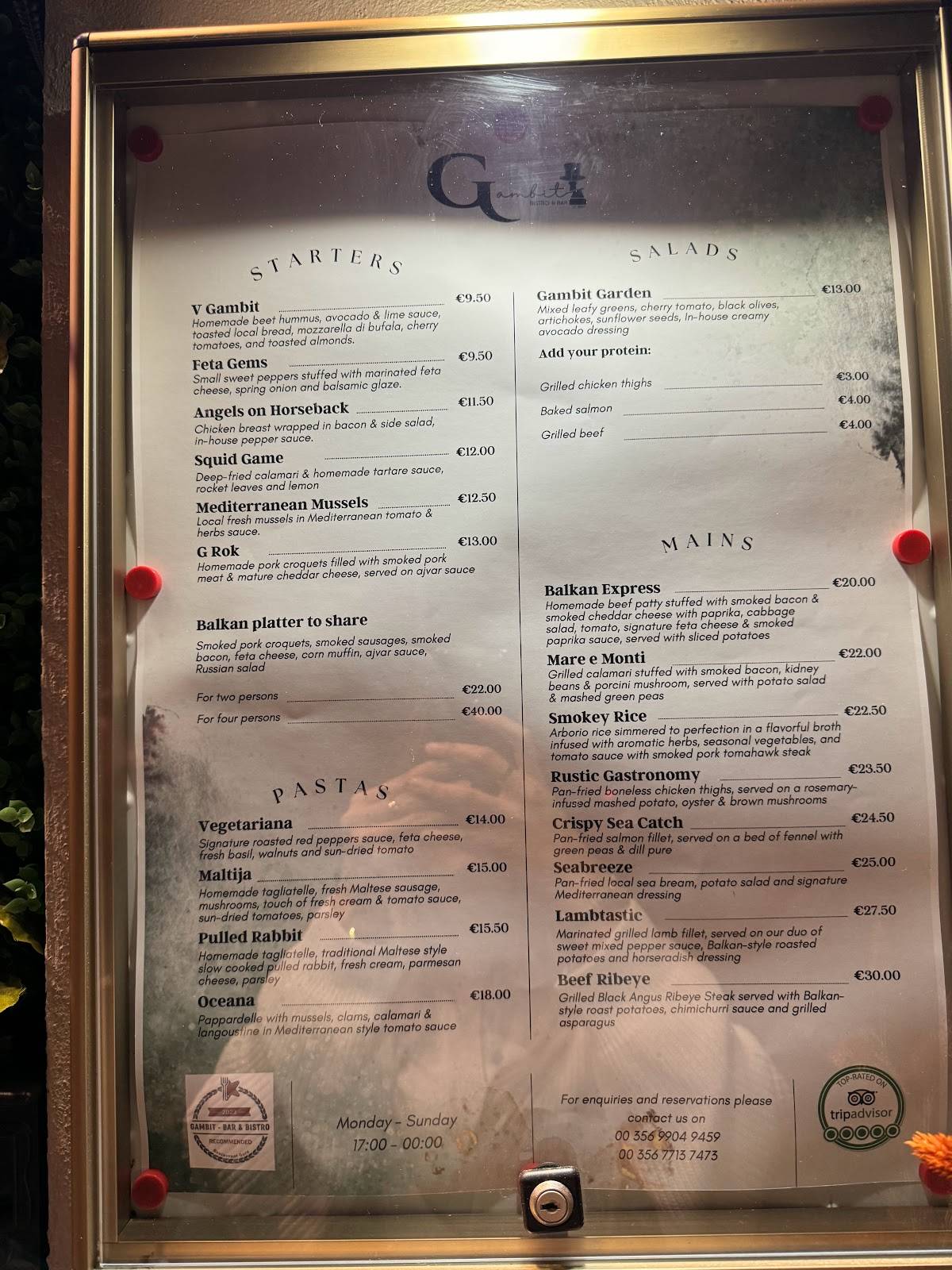 Menu at Gambit Bistro & Bar, Valletta