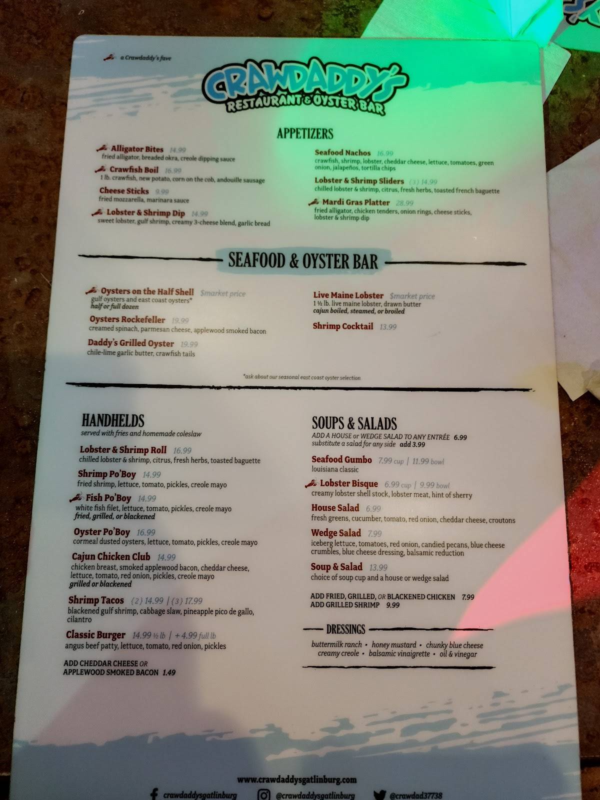 Menu at Crawdaddy’s Restaurant & Oyster Bar, Gatlinburg, 762 Parkway 5