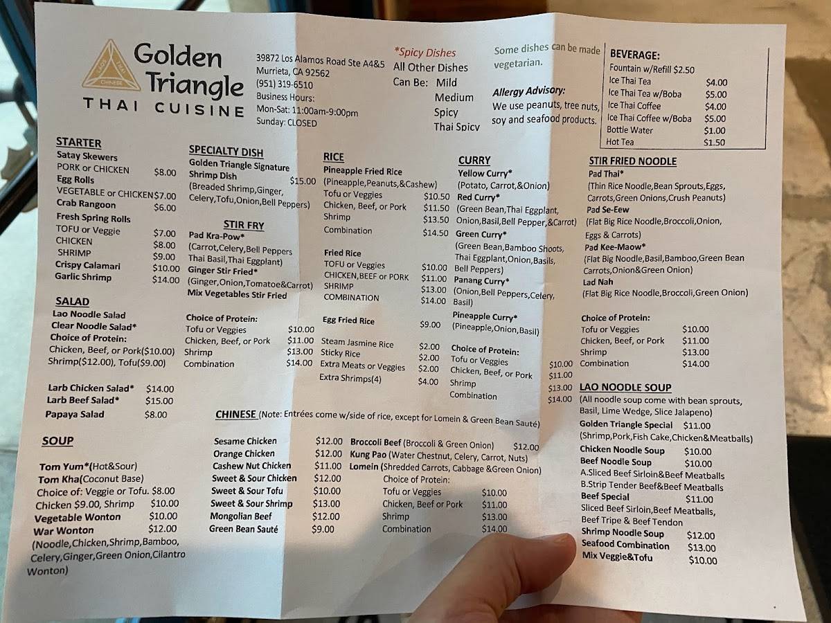 Menu at Golden Triangle Thai Cuisine restaurant, Murrieta