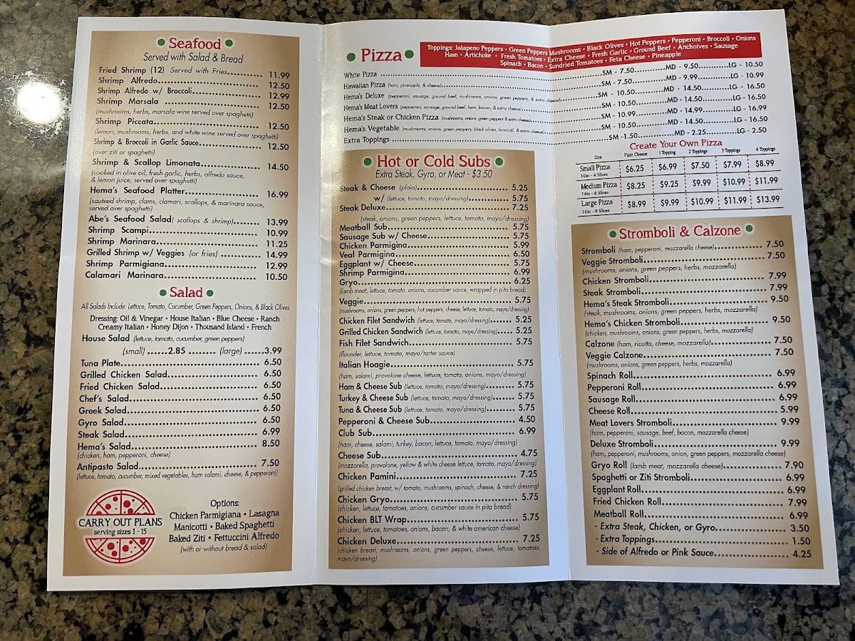 Menu at Hema's Italian Restaurant, Rocky Mount