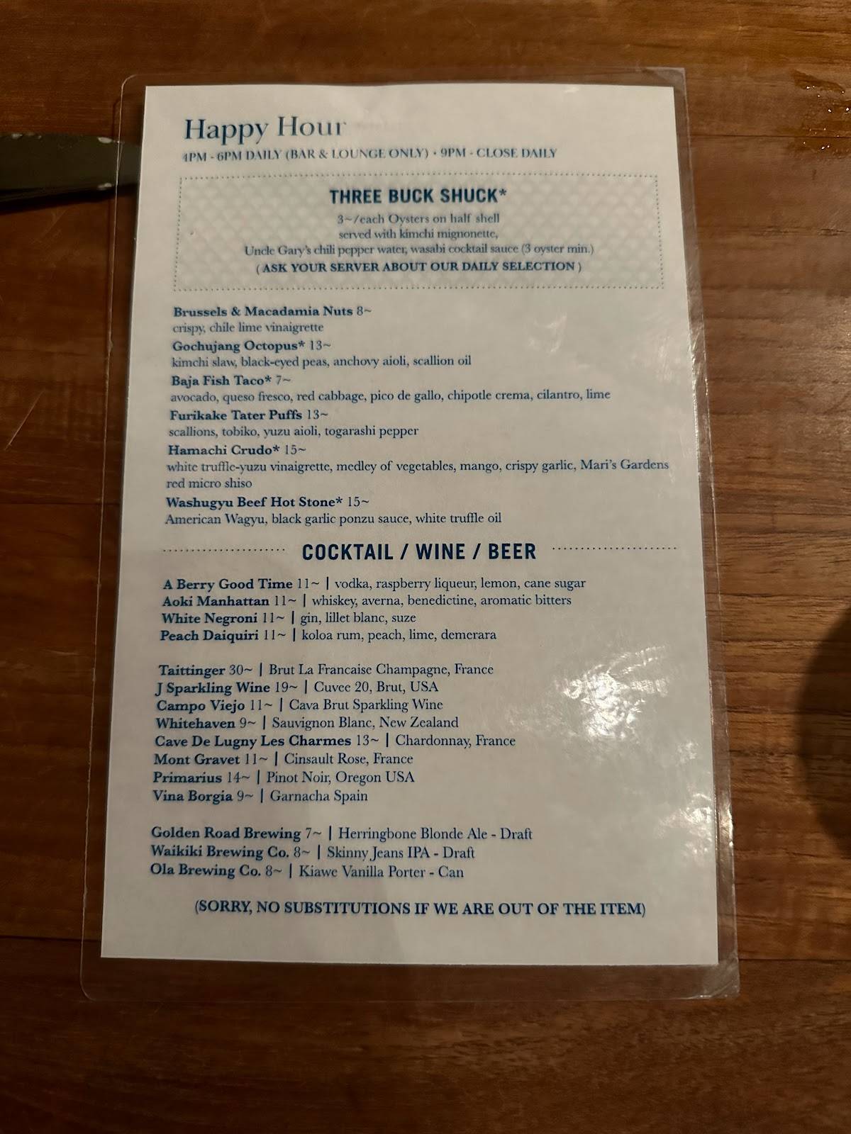 Menu at Herringbone Waikiki pub & bar, Honolulu