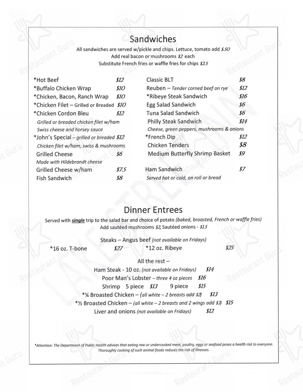Menu at Lake Street Inn pub & bar, Hustisford