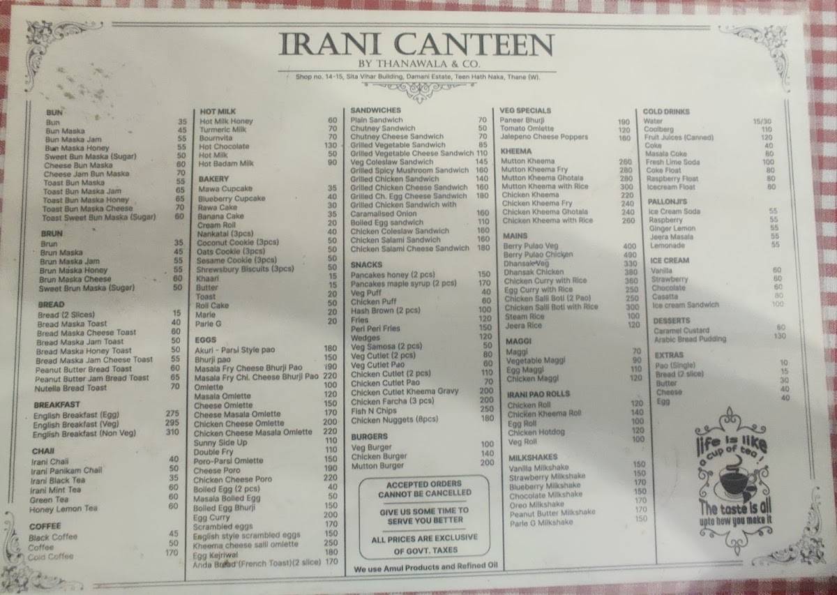 Menu at Irani Canteen, Thane