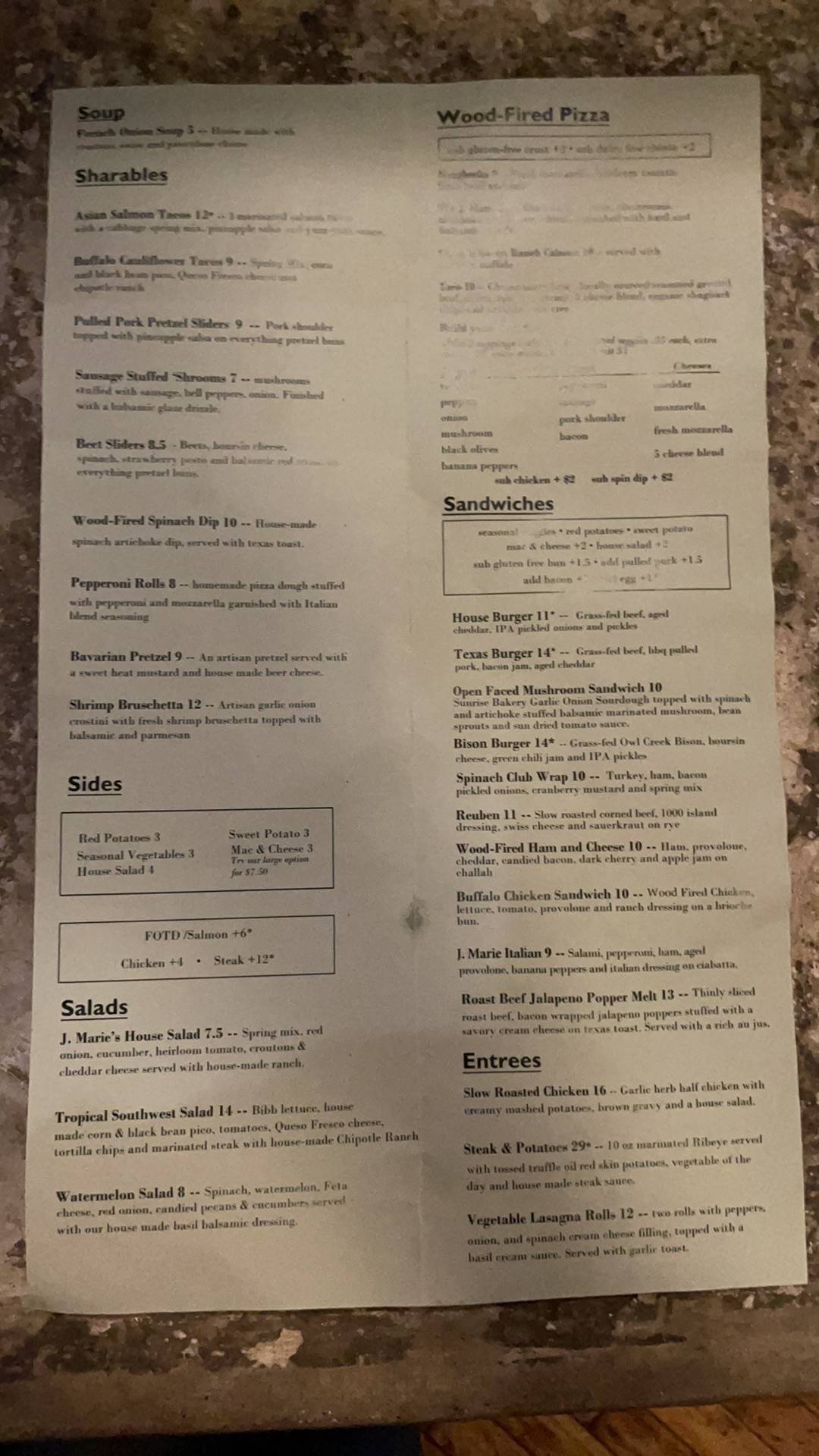 Menu at J. Marie's Wood-Fired Kitchen and Drinks restaurant, Wapakoneta