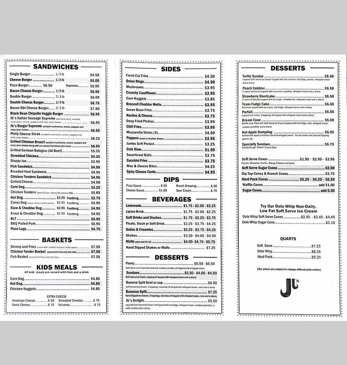 Menu at JB's DriveIn Restaurant, Mansfield