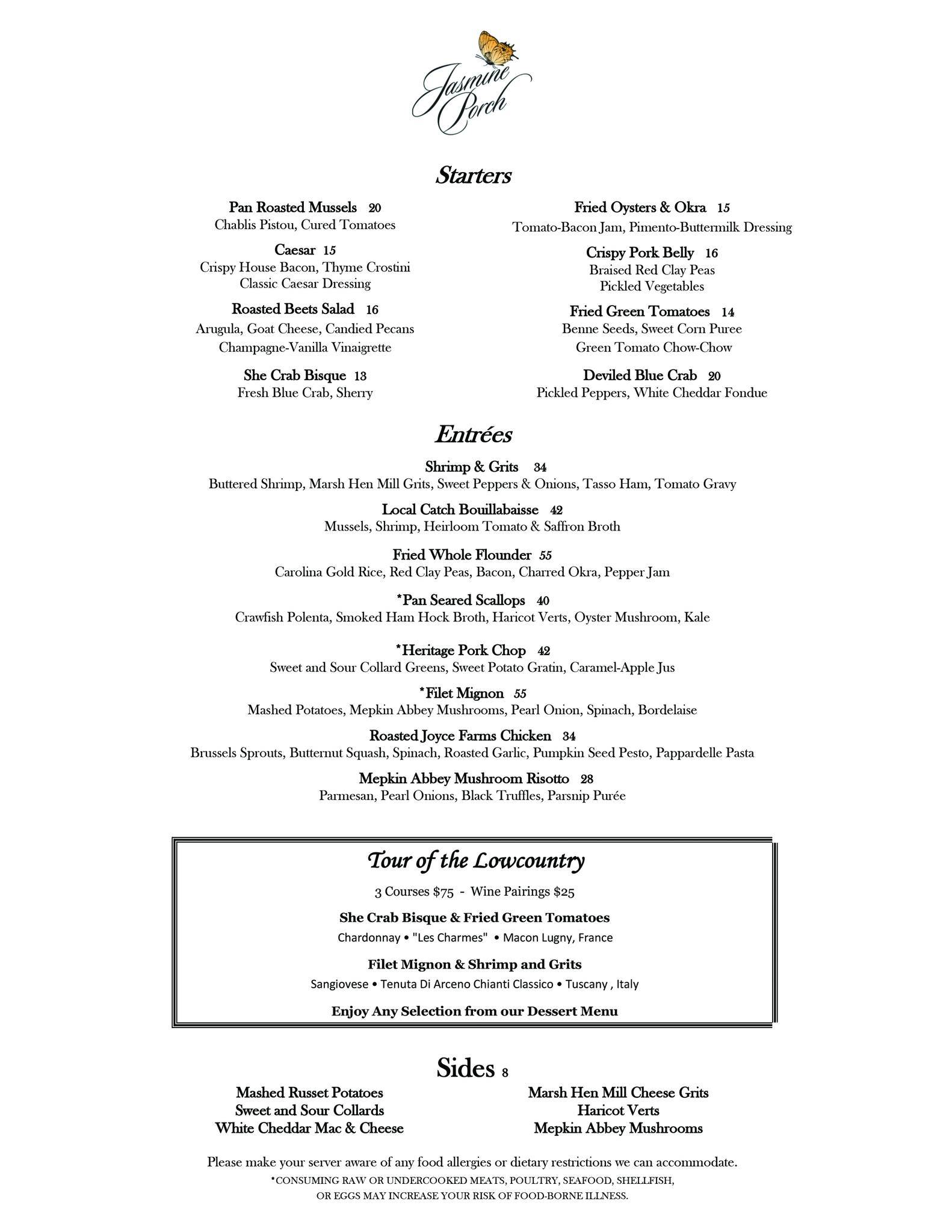 Menu at Jasmine Porch at The Sanctuary steakhouse, Kiawah Island