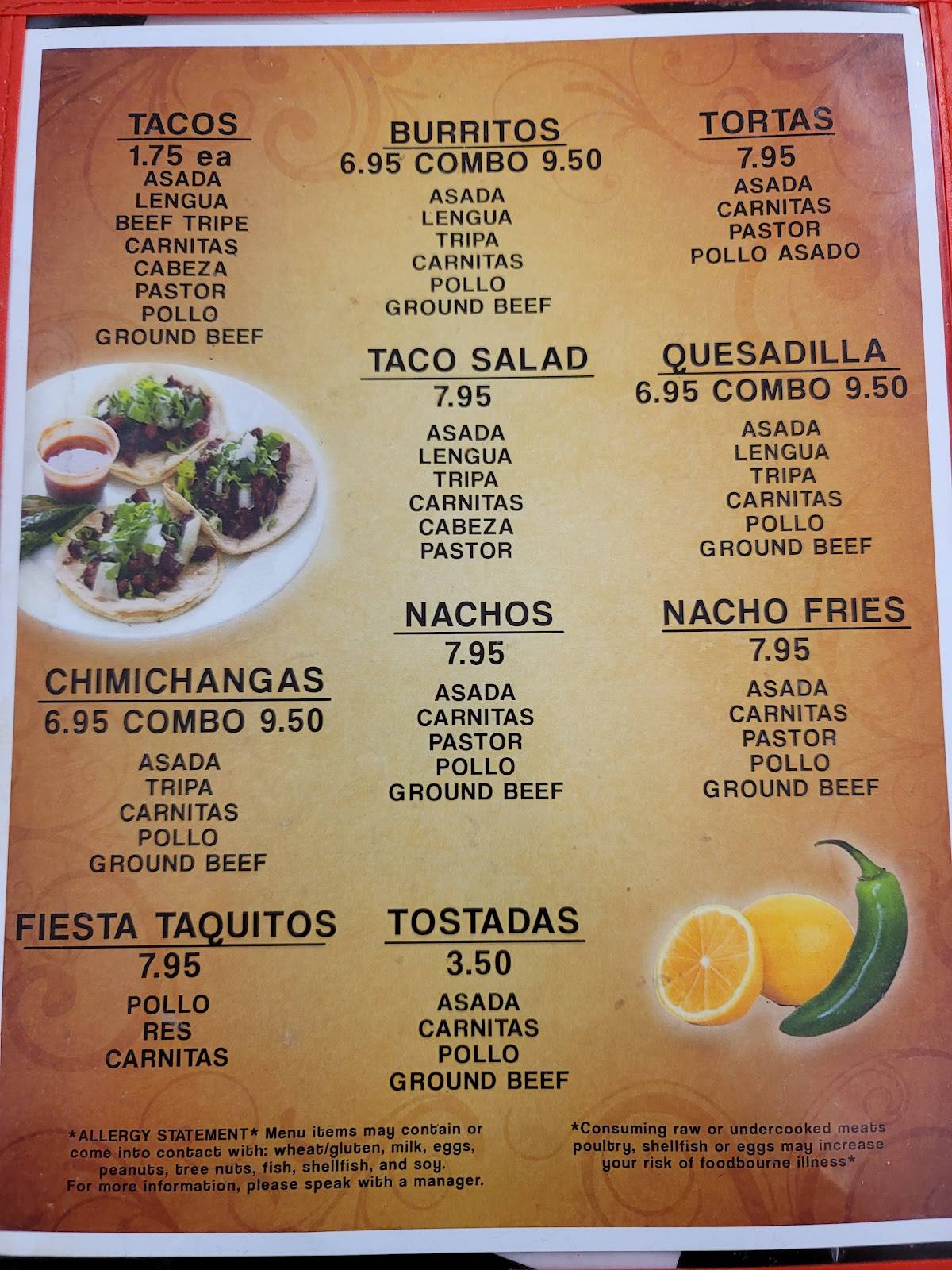 Menu at Johnny's Taco Shop restaurant, Pahrump