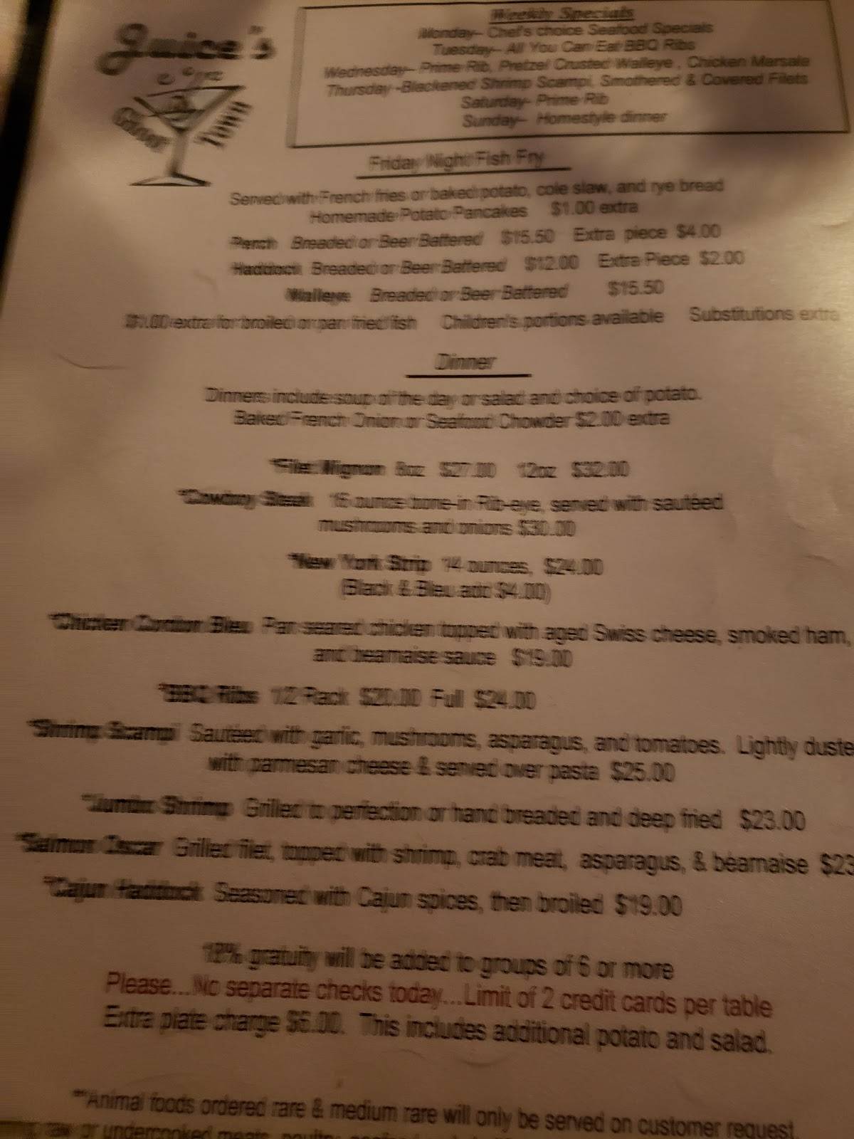 Menu at Juice's Ghost Town pub & bar, Grafton