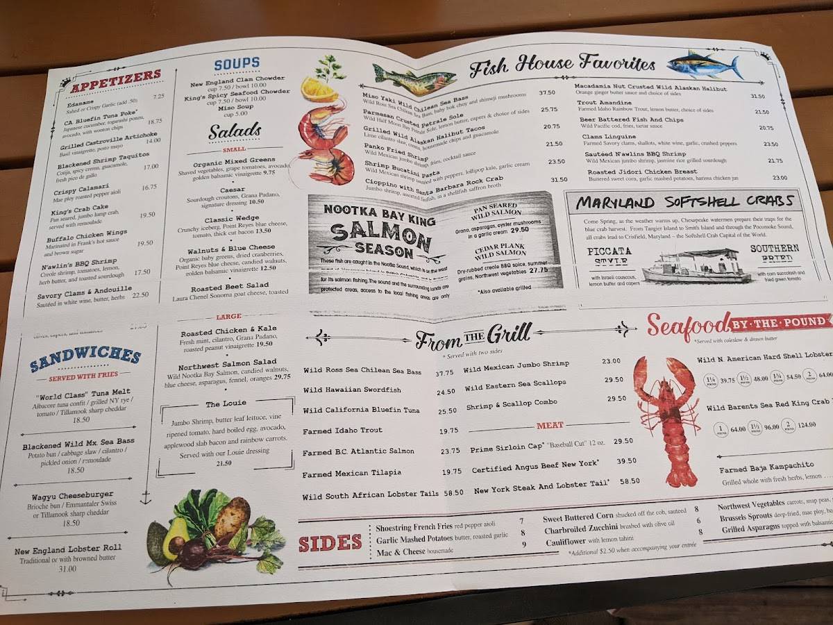 Menu at King's Fish House restaurant, San Jose, Stevens Creek Blvd
