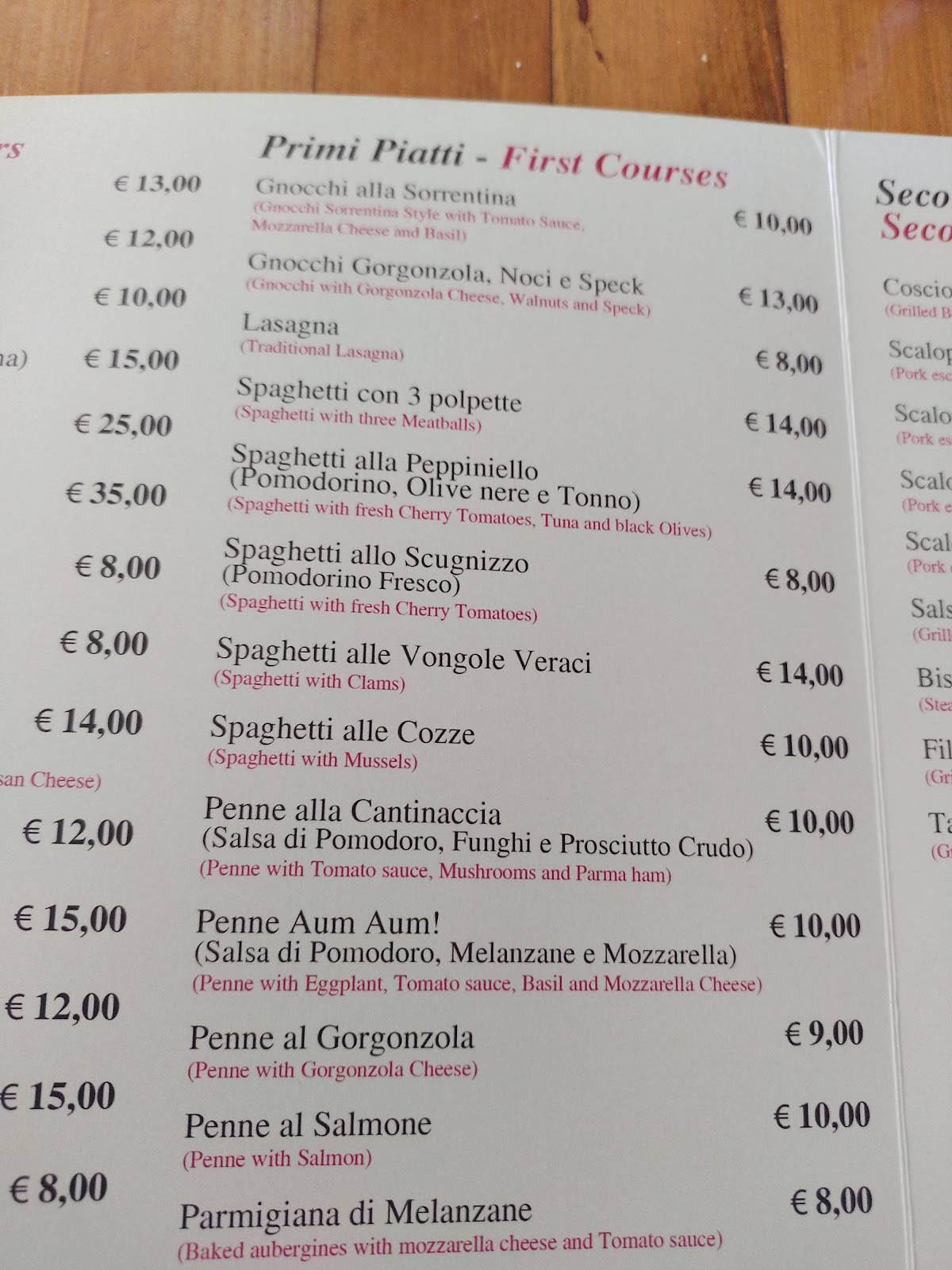 Menu at La Cantinaccia del Popolo restaurant, Sorrento