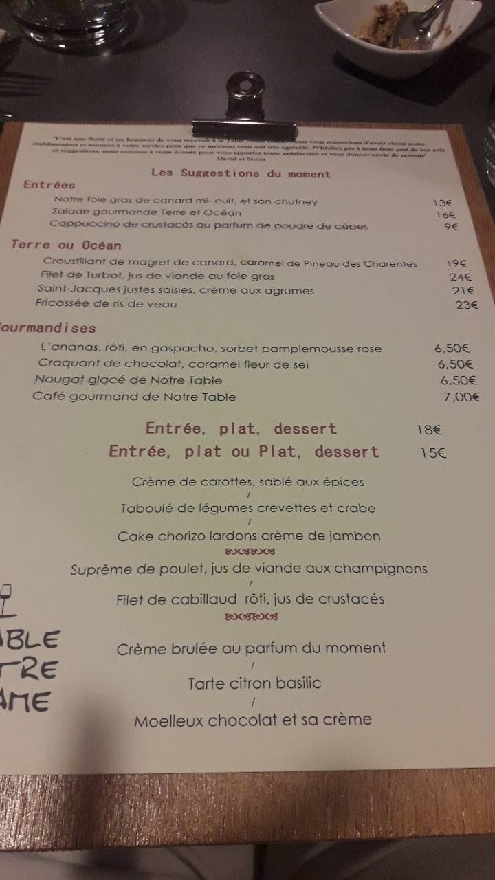 Menu Au La Table Notre Dame Royan Restaurant Royan