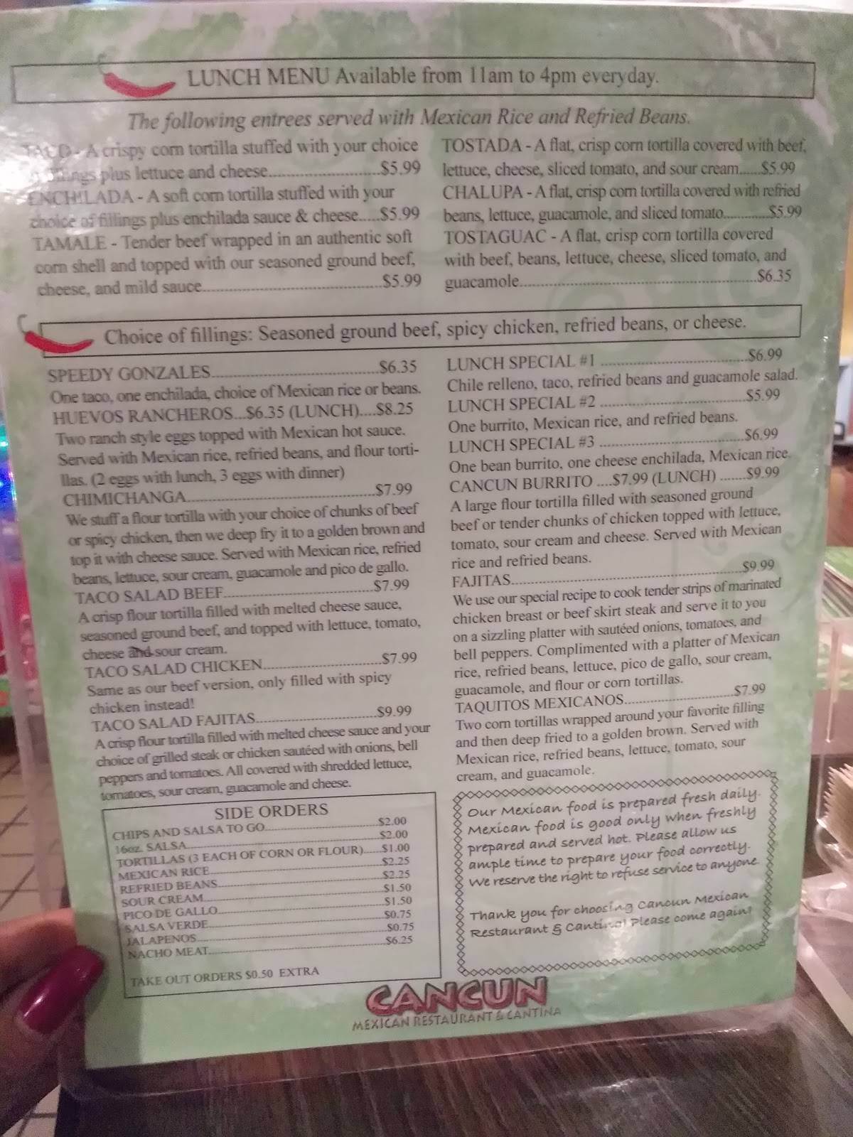 Menu at Cancun Mexican Restaurant, Lake Charles